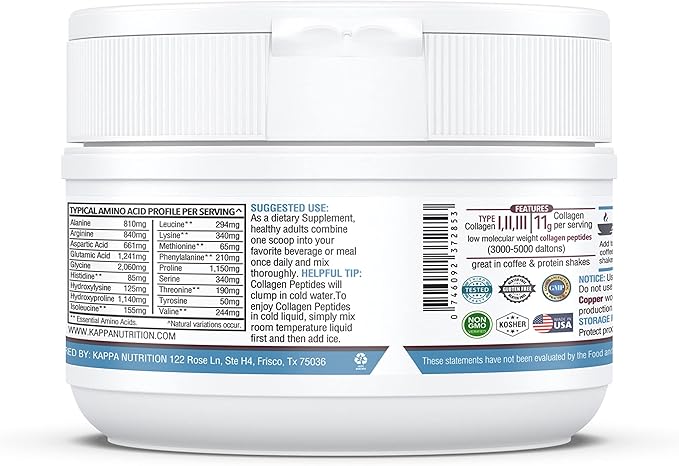 KAPPA NUTRITION Collagen Type I, II, III, 6 Billion Probiotic Acid Resistance, Hyaluronic Acid, Vitamin C, Biotin, Copper and MCT Oil, Beautiful Hair, Nails, & Skin, Collagen Peptides 9 in 1 (11.9oz)