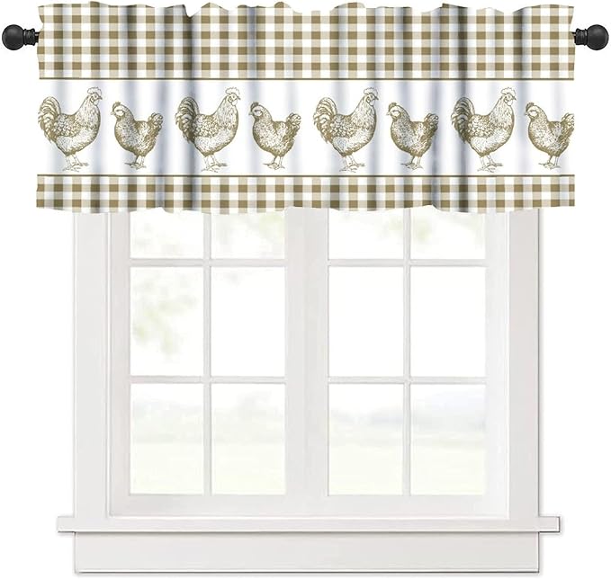 Farm Rooster Valance Curtains Rustic Retro Buffalo Plaid Farmhouse Animals Rod Pocket Curtain Valance for Kitchen Bedroom Living Room Decor 1 Panel W54xL18 Inch
