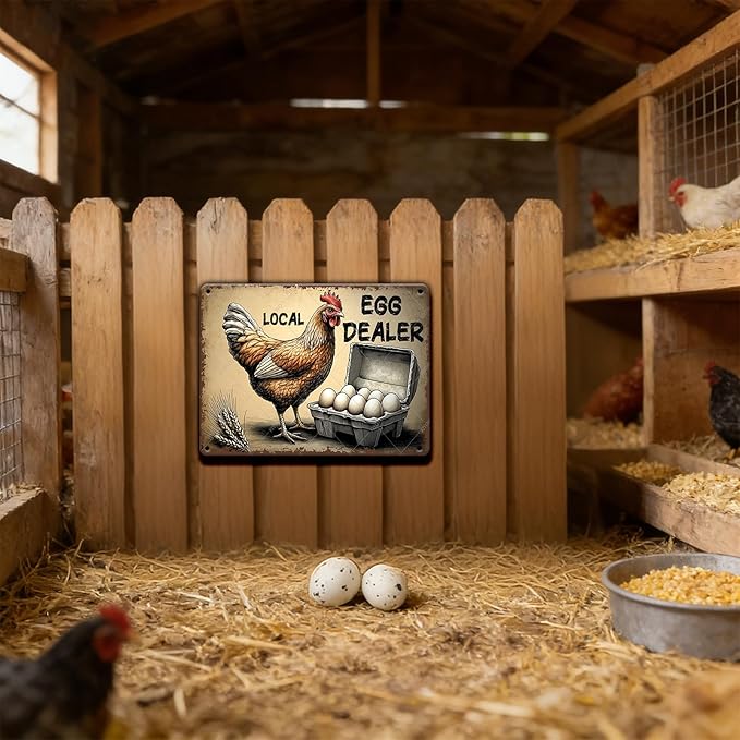 Local Egg Dealer Metal Tin Sign Funny Chicken Gifts for Home Farm Chicken Coop Farmhouse Vintage Farm Fresh Eggs Metal Wall Art Kicthen Garden Decor 16x12 Inch