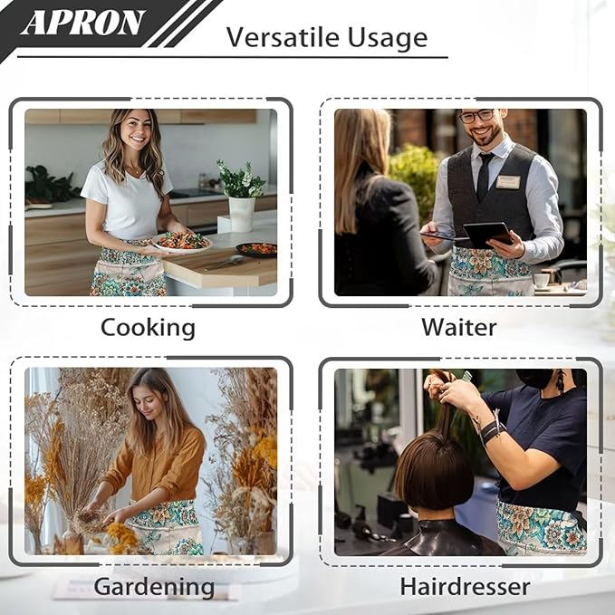 Waist Apron with 3 Pockets Waterproof 13 Inch Short Half Waist Aprons Women Men Server Aprons Waitress Waiter Apron