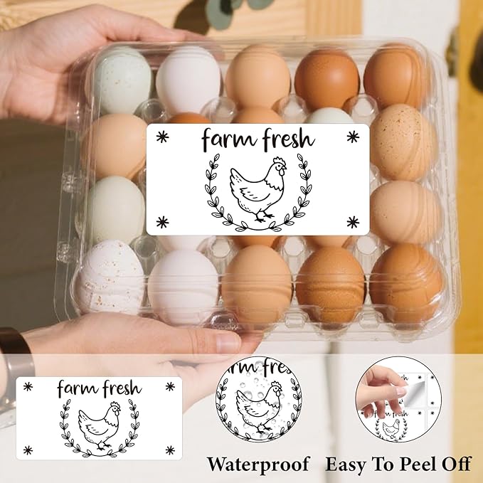 60Pcs 2" x 4" Farm Fresh Egg Carton Sticker Rectangle White Self Adhesive Fresh Egg Labels Cartoon Packaging Stickers Tags for Box Containers Business Farmhouse Market Supplies