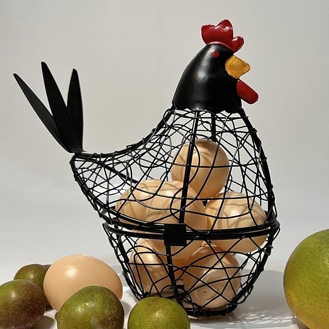 Chicken Wire Egg Basket Egg Holder Farmhouse Rustic Vintage Rooster Decor Chicken Shaped Egg Basket Fruit Storage Wire Basket For Collecting And Countertop Storing Egg (Black)
