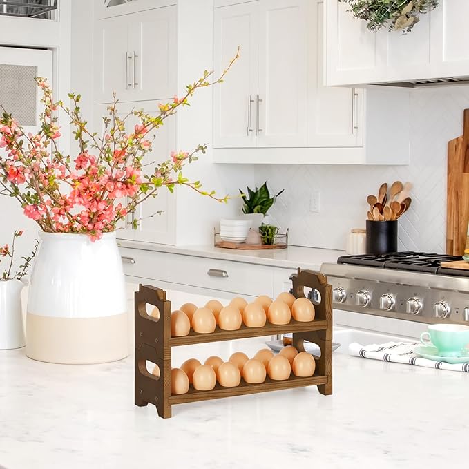 Wooden Egg Holder Countertop Fresh Chicken Egg Holders Storage for Gathering Fresh Eggs, 2-Tier Stackable with 24 Eggs, Farmhouse Home Eggs Rack Organizer Decoration