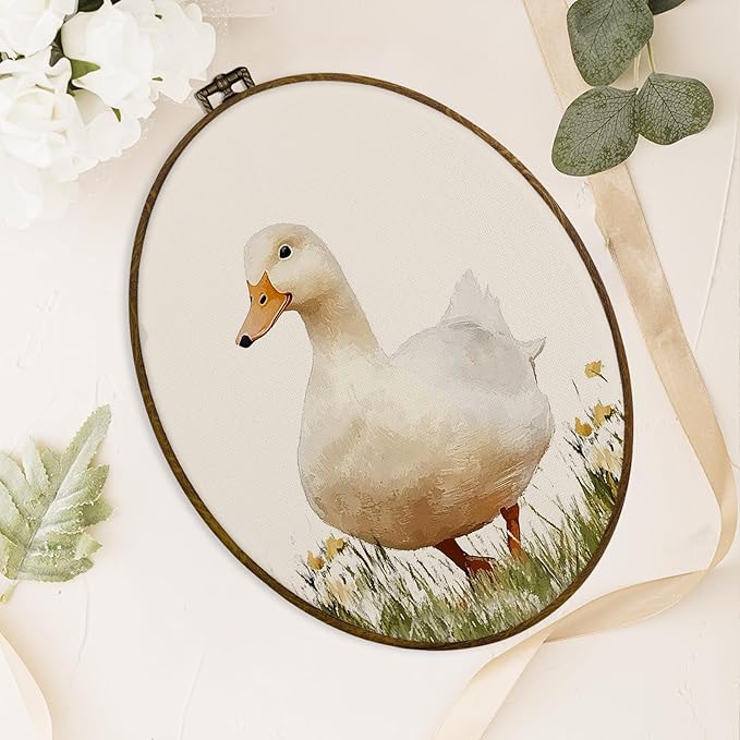 dvhdajed Vintage Farmhouse Duck Oval Wall Art Decor,Cottagecore Mallard Duck Wildflower Framed Canvas Art,Retro Country Ducks Oval Wall Hanging Decor for Nursery Living Room Bedroom，8.7x11.3 Inch