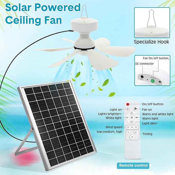 2 Set Solar Ceiling Fan Kit 25w Solar Powered Rechargeable Ceiling Fan with 3 Color Light and Remote Control, Built in 5000mah Battery, for Outdoor Chicken Coop Camping Tent