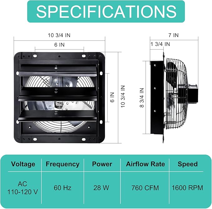 7 Inch Shutter Exhaust Fan, Wall Mounted Attic Fan with Power Cord for Greenhouse, Shed, Garage, Barn, Chicken Coop Ventilation, 760 CFM, Black