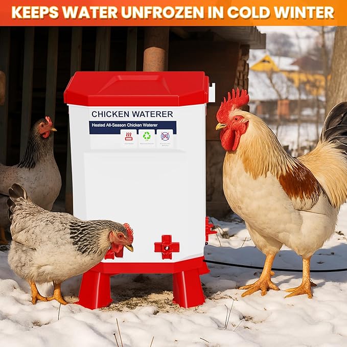 Nexum Heated Chicken Waterer - 3 Gallon Winter-Proof Poultry Drinker with Nipples and Stand, Auto Thermostat for Chickens, Ducks & Quail - Freeze-Resistant, Easy Fill (Red, 3 Gallon)