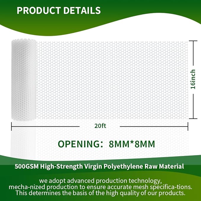 Plastic Chicken Wire Mesh Fence,Plastic Chicken Wire Roll 16in x 20ft,Garden Netting Fencing Barrier for Poultry, Animals, Pets and Balcony(White)