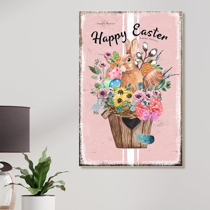 Happy Easter Flower Basket Bunny Wood Art Plaque French Style Floral Pink Stripes Sign Plaque Easter Eggs Farmhouse Bunny Wood Signs for Bedroom Kitchen Front Porch 8x12in