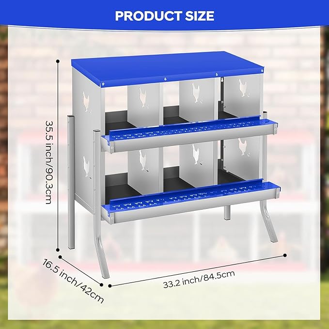 6-Hole Chicken Nesting Box, Rustproof Galvanized Steel, Wall-Mounted Metal Laying Box for Hens, Easy Egg Collection & Cleaning, Roll Away Nest Boxes - Blue