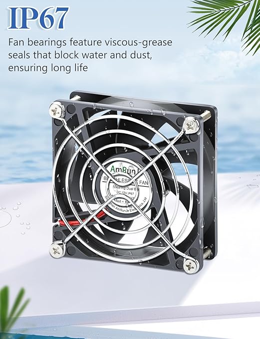 IP67 80mm x 25mm 2pin DC Cooling Fan Dual Ball Bearing for Electronics, AV Cabinet, RV Fridge, Amplifier, Chicken coop, 2pcs