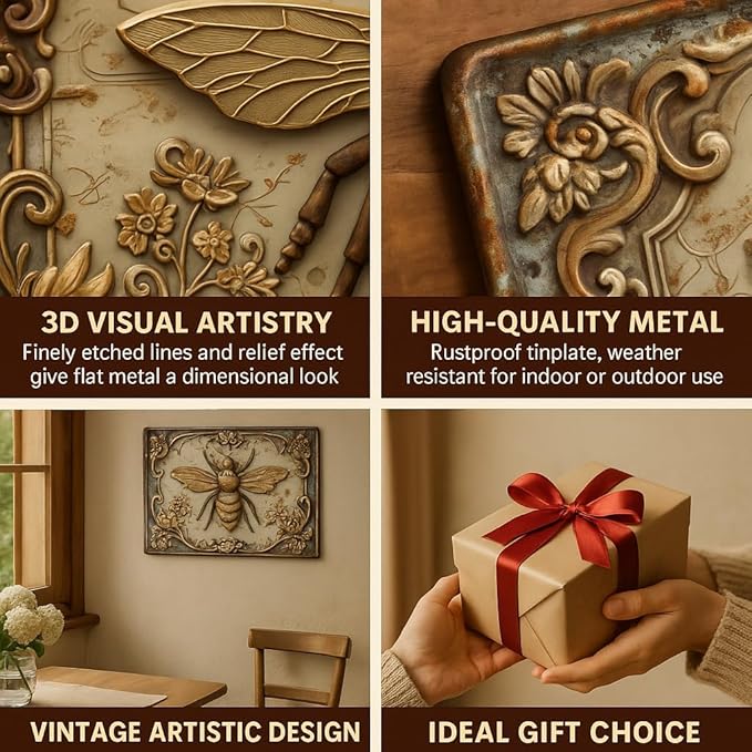Vintage Bee Metal Tin Sign Wall Art, 3D Embossed Iron Hanging Decor, Indoor Outdoor Use for Home Bedroom Restaurant Bar Cafe School Library Door Garage Decor - Pack of 1, 12x8 Inch