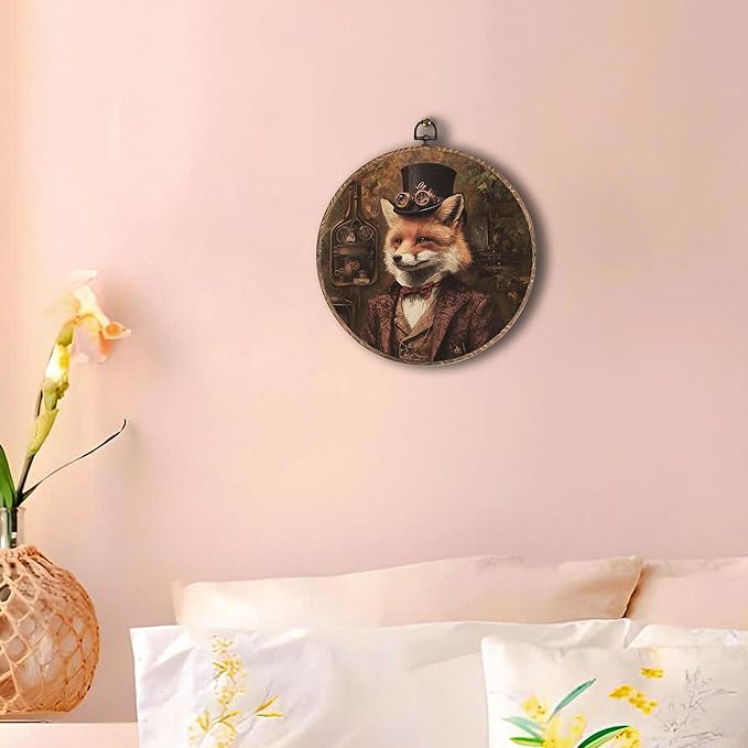 Hxlac Vintage Fox Round Wall Art Framed, Dark Moody Fox Round Wall Decor, Rustic Farm Animal Hanging Canvas Prints Wall Sculptures for Farmhouse Home Living Room Bedroom Decor, 10x10 Inch