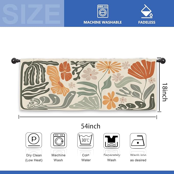 Colorful Abstract Flower Kitchen Curtain Valance 54W x 18L Inch Minimalist Matisse Funky Groovy Art Aesthetic Spring Rod Pocket Short Cafe Small Window Treatment Drapes Decor