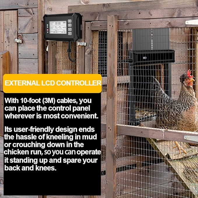 Large Size Automatic Chicken Coop Door Solar Powered Chicken Door with Independent LCD Display and Remote Control, Anti-Pinch & Aluminum Alloy Weather Proof Electric Coop Accessories with 4 Modes
