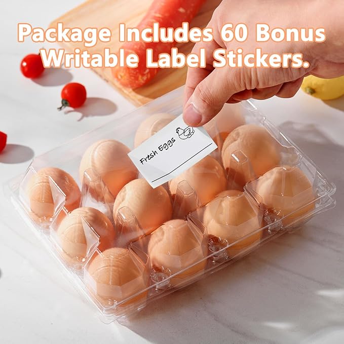 60PCS Egg Cartons Cheap Bulk with Sticker Labels, 3x4 Plastic Egg Carton for Fresh Medium Eggs, Reusable Chicken Egg Container Bulk Egg Holders for Refrigerator, Storage, Family, Chicken Farm, Market
