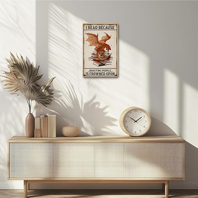 Bookish Gifts Dragon Gifts, I Read Because Roasting People Is Frowned Upon Aluminium Plate Signs, Vintage Book Decor for Cafe Bedroom Library Bookshelf, Funny Dragon Wall Art Decorations Metal Signs