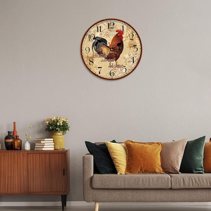 TAHEAT 12 Inch Rooster Wall Clock, Home Sweet Home Farmhouse Decor, Red Vintage Chicken Battery Operated Wall Clocks for Kitchen/Bedroom/Dining Room/Office