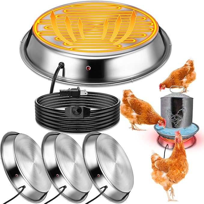 Sliner 4 Pack Chicken Water Heater for Winter 11.8'' Poultry Water Drinker Heated Base Stainless Steel Heated Base for Poultry Drinking