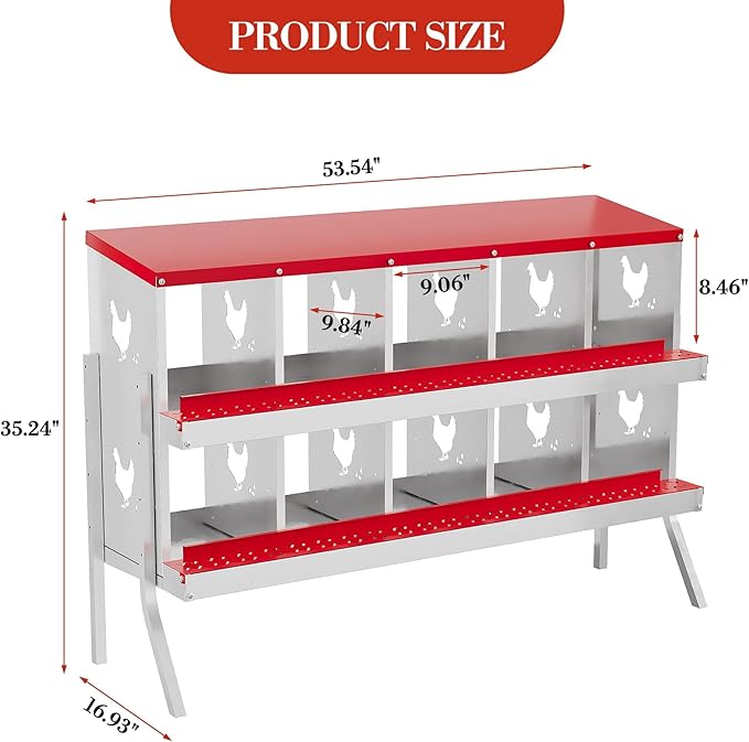 Heavy Duty 10 Compartment Metal Chicken Nesting Box – Roll Away Egg Tray, Rustproof Ventilated Laying Box, Easy-Clean Egg System – Red, 10 Grids (Without Bracket)