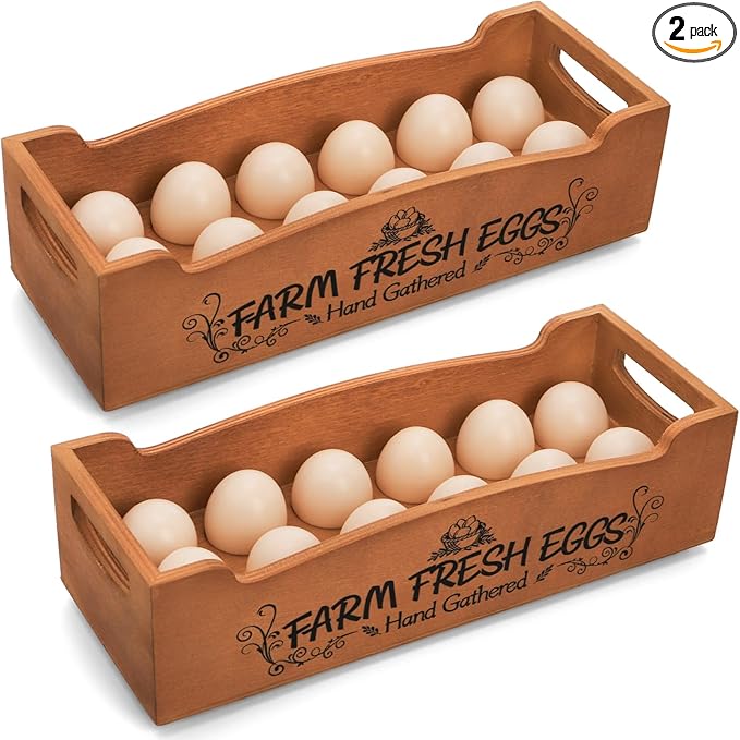 YOUEON Wooden Egg Holder for Countertop, Stackable 2-Tier Egg Crates for 24 Eggs with Handle, Farmhouse Rustic Pinewood Egg Storage Box with “Farm Fresh Eggs” Print, No Assembly Needed