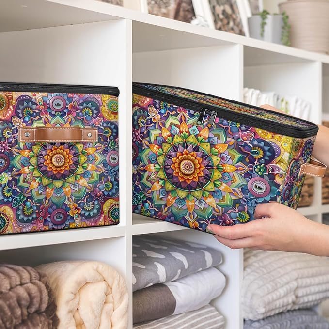 Vintage Boho Patern Storage Bins with Zipper Lid Fabric Storage Containers for Clothes Collapsible Closet Storage Basket with Metal Frame 1 Pack