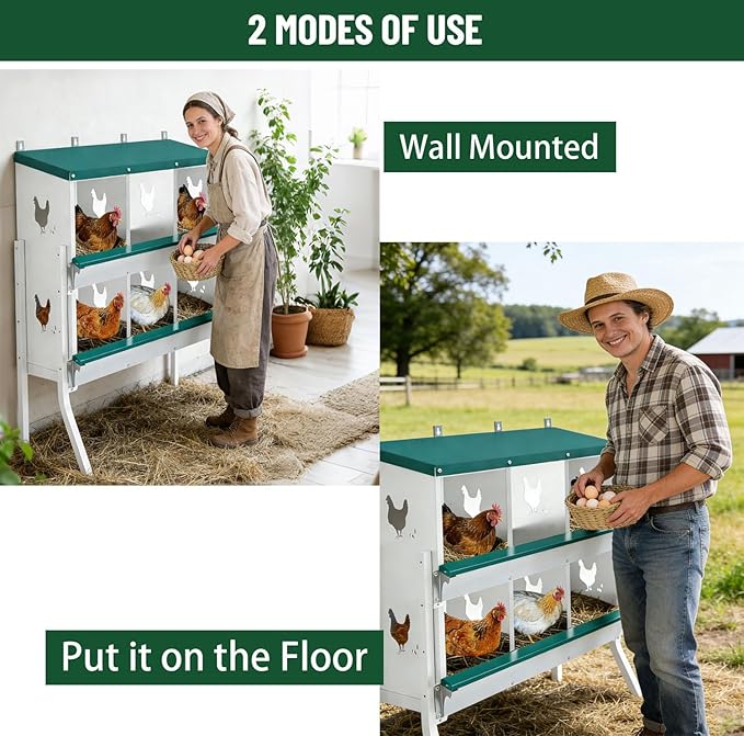 Chicken Nesting Box 6 Compartment with Legs 10 Pet Moisture Pads and 4 Fake Eggs Roll Away Egg Collection, Perch, Lid Cover for Egg Protection - Wall Mount Nest Box for Chickens, Hens, Ducks