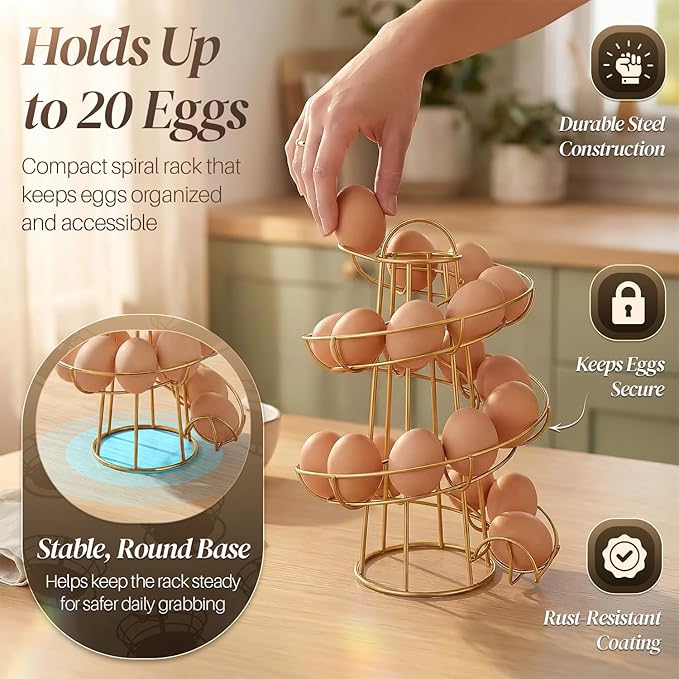 Flexzion Egg Skelter Modern Spiral Egg Holder Countertop (Medium Egg Display) - Freestanding Wired Countertop Egg Holder for Fresh Eggs, Dispenser Stand, Storage Rack for Kitchen, Gold