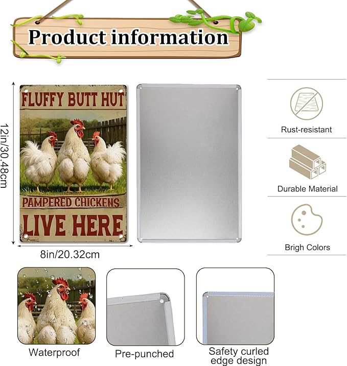 Chicken Decor Metal Signs Funny Chicken Coop Signs Rooster Decor Farmhouse Wall Art Sign Fluffy Butt Hut Pampered Chickens Live Here Tin Sign for Farm Kitchen Garden, Farm Style Gift, 12x8 Inc