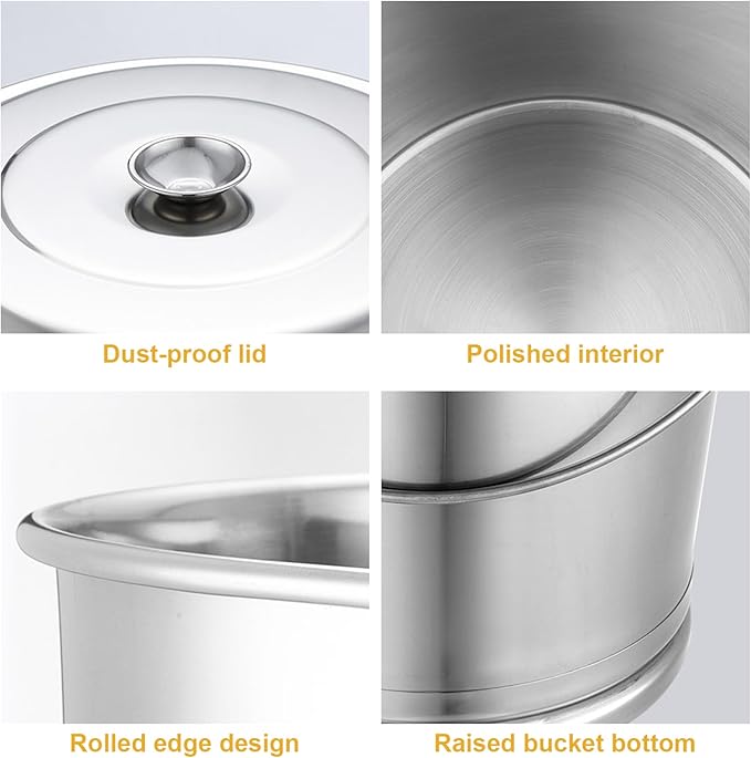 Stainless Steel Bucket with Lid, 8L Stainless Steel Compost Bin, Large Capacity Food Storage Containers, Portable Metal Bucket with Handle for Rice Flour Grain