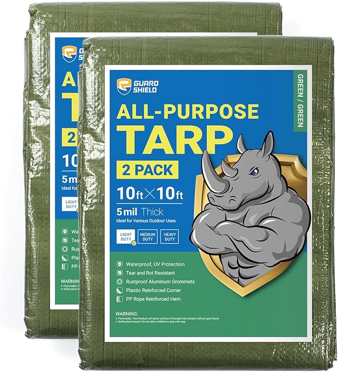 GUARD SHIELD Tarp Green 10x10 Feet Multi Purpose Waterproof Poly Tarp Cover 5mil (2-Pack)