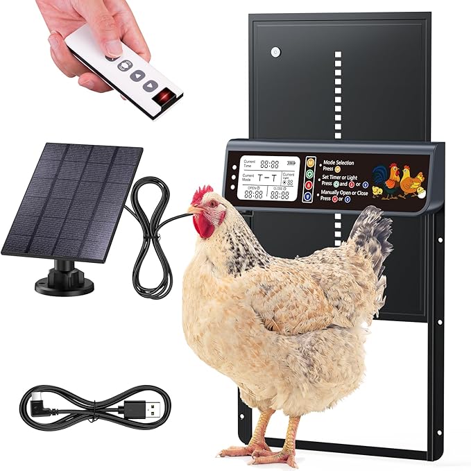 Automatic Chicken Coop Door Solar Powered, LCD Display Automatic Chicken Door with Timer & Light Sensor, Solar Chicken Coop Door with Remote Control, Anti-Pinch Function and Made of Al-Alloy