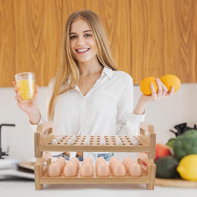 Bamboo Egg Holder 24 Pcs Eggs Rack Countertop Storage, Surface Paint & Handle Design for Kitchen Fresh Egg Holder Countertop and Fridge Egg Organizer