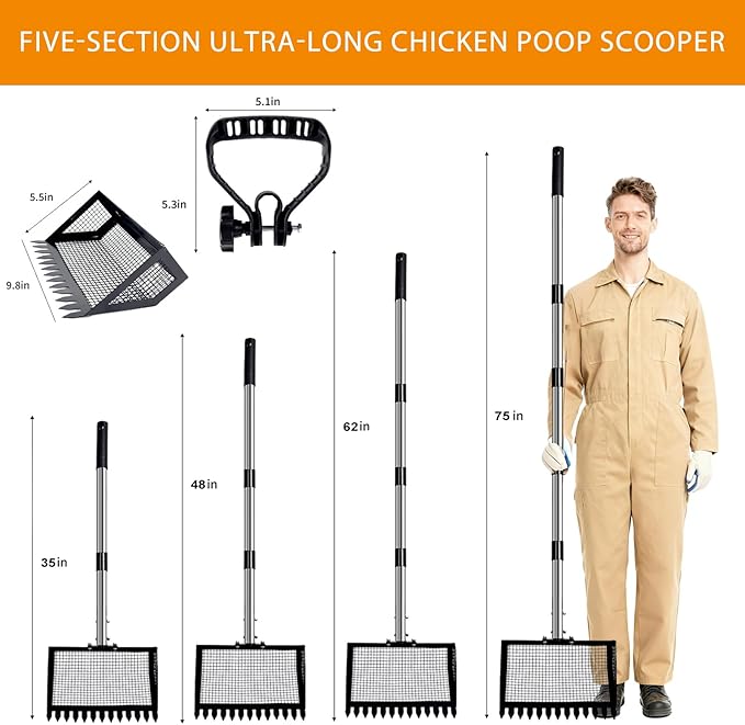 Chicken Coop Scoop (22 to 75") Chicken Coop Rake and Scoop with Grip 5 Section Extra Long Handle Chicken Pooper Scooper for Sand Metal Chicken Cleaning Tools Livestock Rake(10Inch Black)