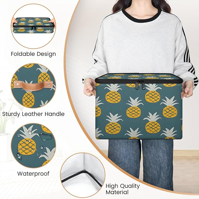Yellow Pineapple Print Storage Bins With Lids Fabric Collapsible Storage Box with Leather Handles for Home Bedroom Foldable Closet Shelf Organizer