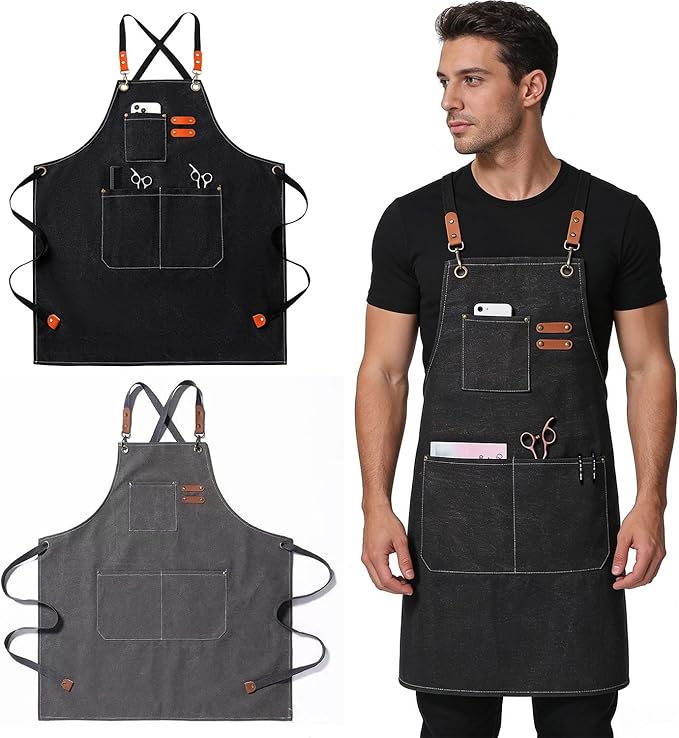 Adjustable Kitchen Apron Set With Pockets, Heavy Duty Cooking Apron for Men and Women, Black/Grey