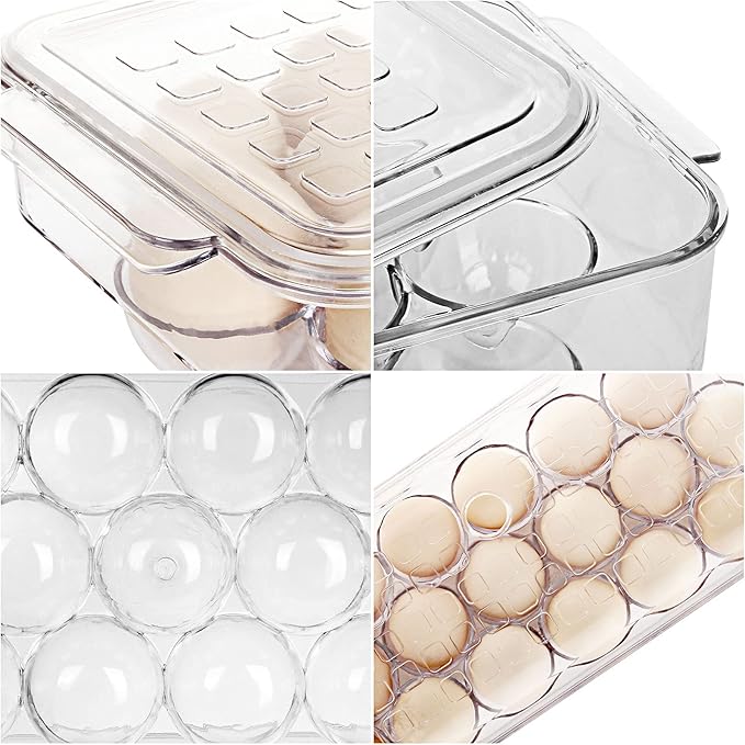 2 Pack 18 Egg Holder for Fridge - Plastic Stackable Egg Tray Holder With Lid - Egg Storage Container Organizer Bins with Air Hole and Handles for Refrigerator, Freezer, Pantry Organization - Clear