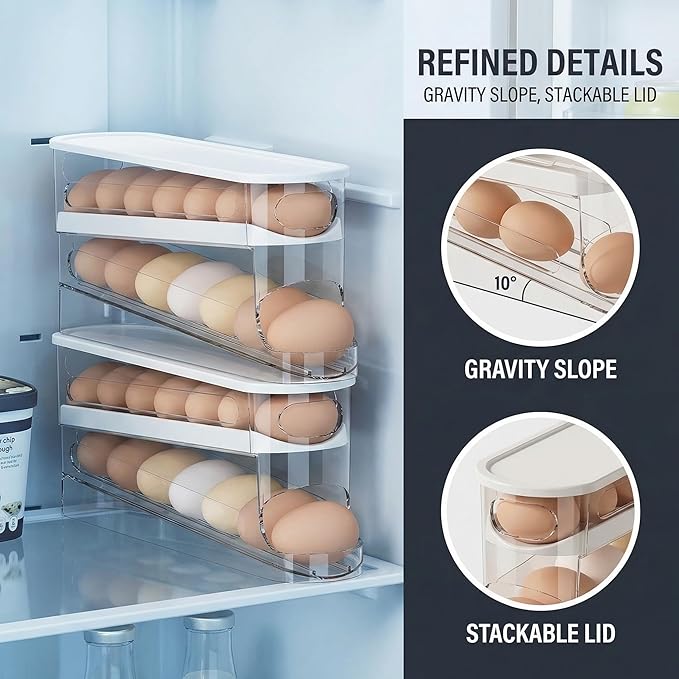 Auto-Rolling Egg Dispenser with Lid - Transparent Fridge Egg Organizer, Space-Saving Refrigerator Storage Box with Slide Design for Side Door, Stackable & Easy Access (1 Pack)