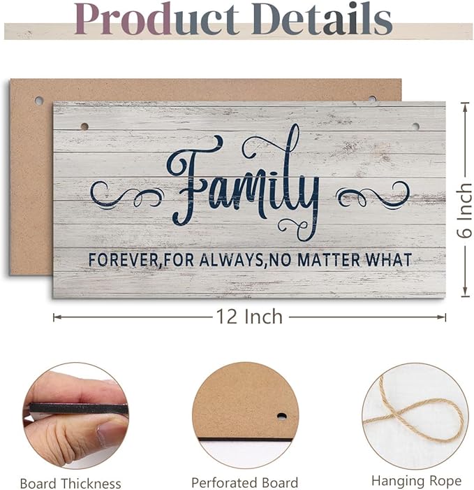 Family Signs Wall Art Family Forever For Always No Matter What Rustic Wood Hanging Plaque Wall Decor Inspirational Quote Wooden Prints for Living Room Bedroom Home House Decoration 6x12 Inch