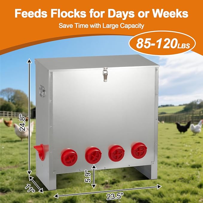 Automatic Chicken Feeder 85-120lbs Capacity, Galvanized Metal Poultry Feeding Equipment, Rainproof & Rodent Proof Large Chicken Food Dispenser for Backyard Coop & Farm Use (10 Ports)
