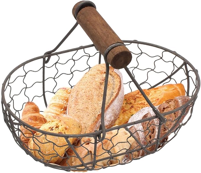 DUDOK Egg Basket, Iron+Wood Wire Egg Basket, Farmhouse Design, Black, Rectangular, Sturdy, Holds 12 Eggs, Comfortable Handle, Decorative, Kitchen, Dining Room, Living Room