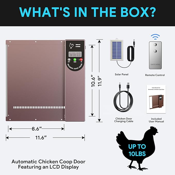 Automatic Chicken Coop Door Solar - Powered and Electric Opener with Light Sensor and Timer, Chicken Coop Accessories for Safe and Easy Access with Remote Control and LCD Display