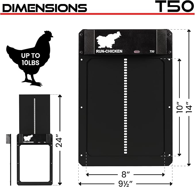 RUN-CHICKEN Door T50 – Automatic Chicken Coop Door Opener, Battery Powered & Weatherproof Aluminum, Smart App & Timer Control, Predator Proof, Easy Install, Reliable All-Season Performance (Onyx)