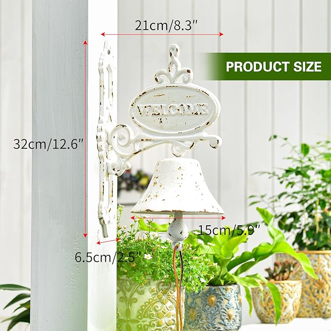 Sungmor Cast Iron Dinner Bell Rustic White Wall Hanging Bell Welcome Sign, Vintage Style Farmhouse Outside Door Bell, Decorative Manually Shaking Doorbell, Indoor Outdoor Wall Mounted Dinner Bell