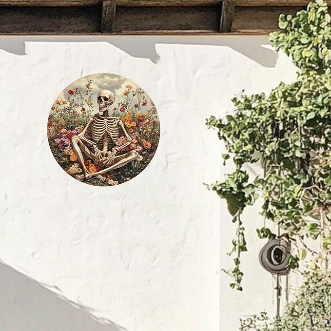 Funny Skull Rustic Round Garden Metal Signs Vintage Tin Sign Retro Wall Wreath Decor for Home Garden Yard Bar Cafe Farmhouse Garage Indoor Outdoor 8 Inch
