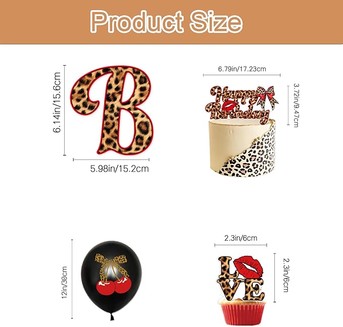 32pcs Cheetah Print Birthday Decorations with Cherry Leopard Bow Red Lips Happy Birthday Banner Balloons Cake Cupcake Topper for Safari Jungle Theme Party Decor Supplies