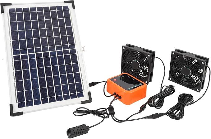 10W Solar Powered Fan, Solar Panel 2 Fan Kit with 4400mAh Battery and Controller, Solar Exhaust Dual Ventilation Fans for Shed Chicken Coop Greenhouse Outdoor