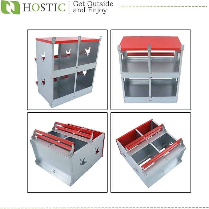 HOSTIC Chicken Nesting Boxes 4 Compartment Metal Poultry Nest Box Wall Mount for Chickens Hens Ducks Large Vented Holes