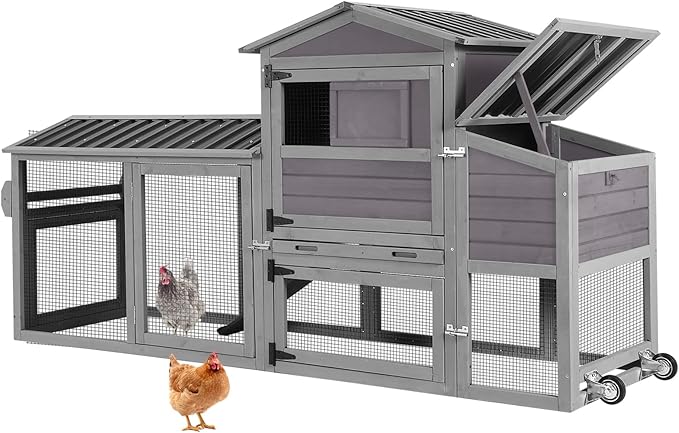 80.5’’ Large Chicken Coop with Run, Mobile Chicken House with Nesting Box and Leakproof Pull-on Tray, Wooden Hen Poultry Cage with Waterproof Roof for 2 to 4 Chickens, Chicken Tractor with Wheels