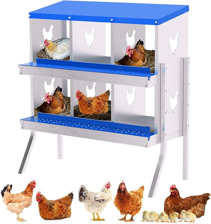 GarveeHome 6 Holes Nesting Boxes for Chickens, Roll Away Chicken Nesting Box with Lid Cover, Easy Egg Collection, Chicken Laying Box for Outdoor, Poultry Coop, Farm, Yard, with Bracket Legs